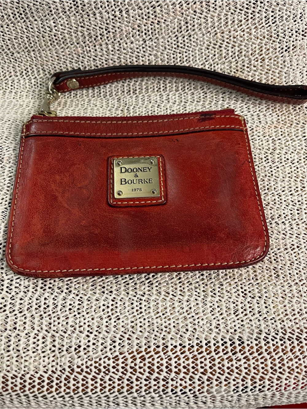 Dooney & Bourke Red Leather Zip Wristlet with Gold Plaque